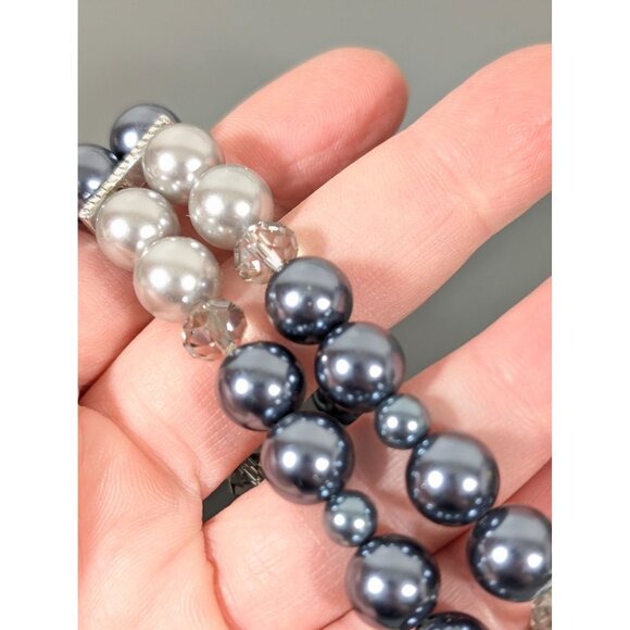 Roman Gray Faux Pearl Two Strand Stretch Bracelet 7" Elegant Evening - Picture 5 of 7